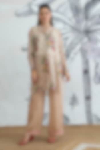 Beige Organza Silk Floral Digital Printed Tunic Set by shivani bhargava at Pernia's Pop Up Shop