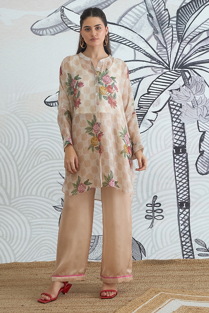 Beige Organza Silk Floral Digital Printed Tunic Set by shivani bhargava at Pernia's Pop Up Shop