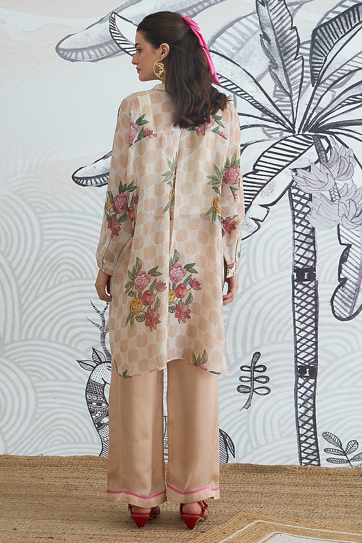 Beige Organza Silk Floral Digital Printed Tunic Set by shivani bhargava at Pernia's Pop Up Shop
