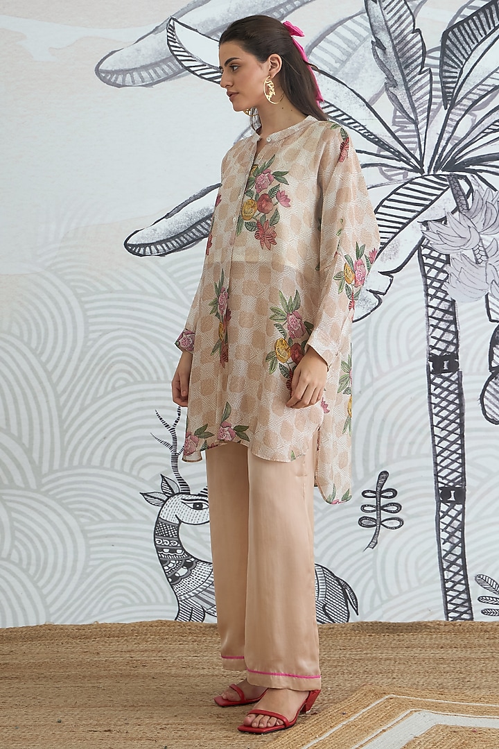 Beige Organza Silk Floral Digital Printed Tunic Set by shivani bhargava at Pernia's Pop Up Shop