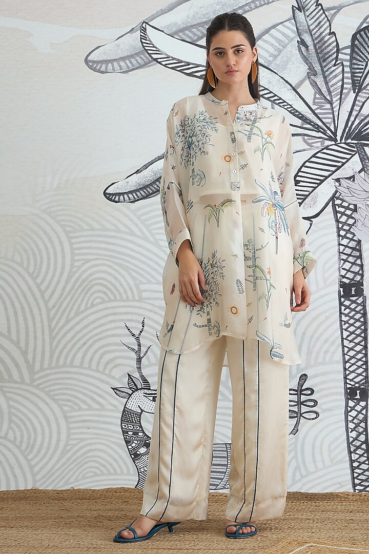 Cream Organza Silk Digital Printed Tunic Set by shivani bhargava at Pernia's Pop Up Shop