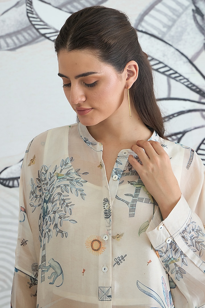Cream Organza Silk Digital Printed Tunic Set by shivani bhargava at Pernia's Pop Up Shop
