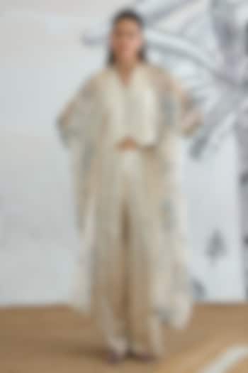 Cream Silk Satin Floral Digital Printed Pant Set by shivani bhargava at Pernia's Pop Up Shop
