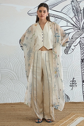 Cream Silk Satin Floral Digital Printed Pant Set by shivani bhargava