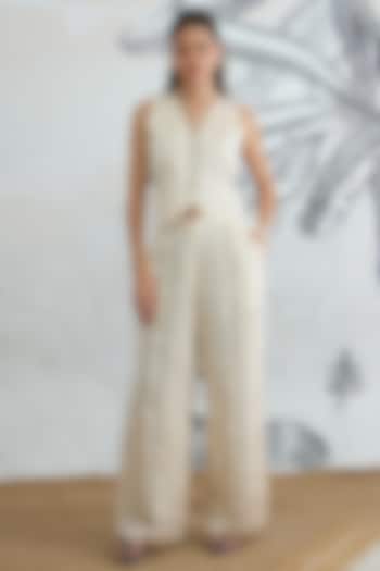 Cream Silk Satin Digital Printed Co-Ord Set by shivani bhargava at Pernia's Pop Up Shop