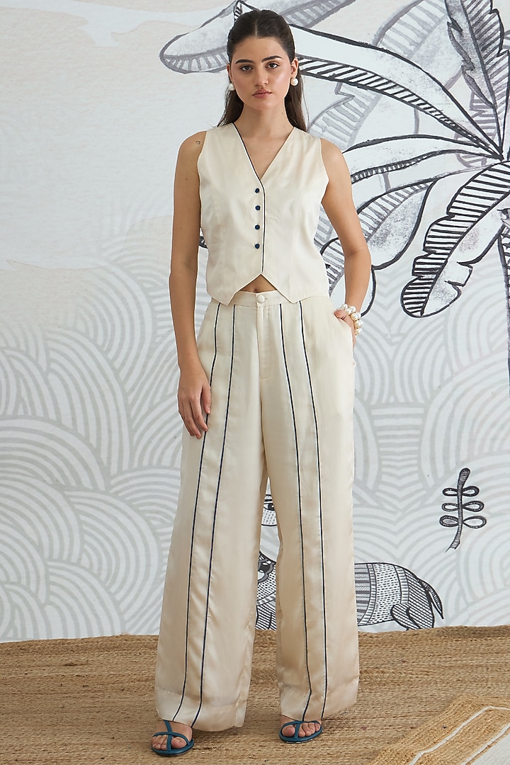 Cream Silk Satin Digital Printed Co-Ord Set by shivani bhargava at Pernia's Pop Up Shop