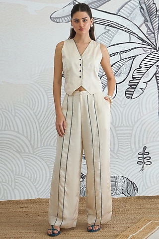 Cream Silk Satin Digital Printed Co-Ord Set by shivani bhargava
