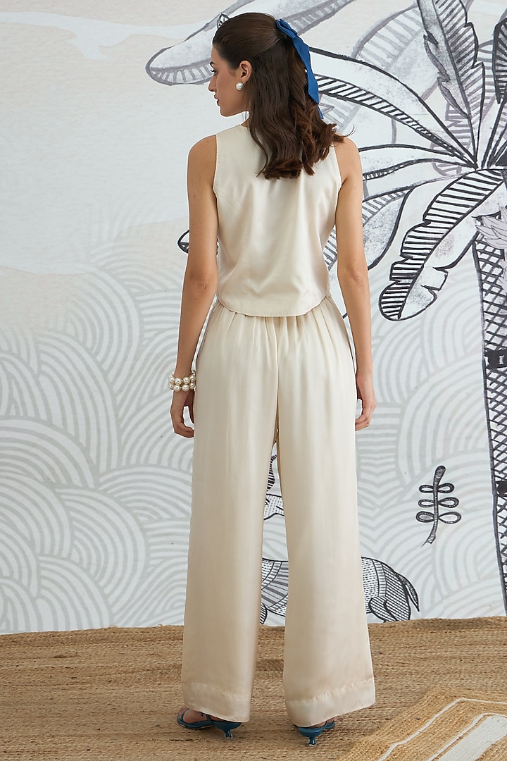 Cream Silk Satin Digital Printed Co-Ord Set by shivani bhargava at Pernia's Pop Up Shop