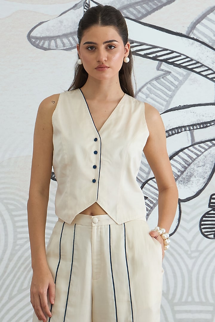 Cream Silk Satin Digital Printed Co-Ord Set by shivani bhargava at Pernia's Pop Up Shop
