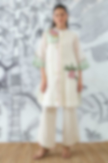 Ivory Cotton Silk Printed & Embroidered Tunic Set by shivani bhargava at Pernia's Pop Up Shop