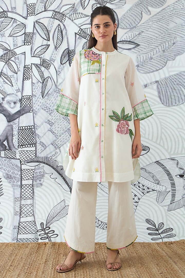 Ivory Cotton Silk Printed & Embroidered Tunic Set by shivani bhargava at Pernia's Pop Up Shop