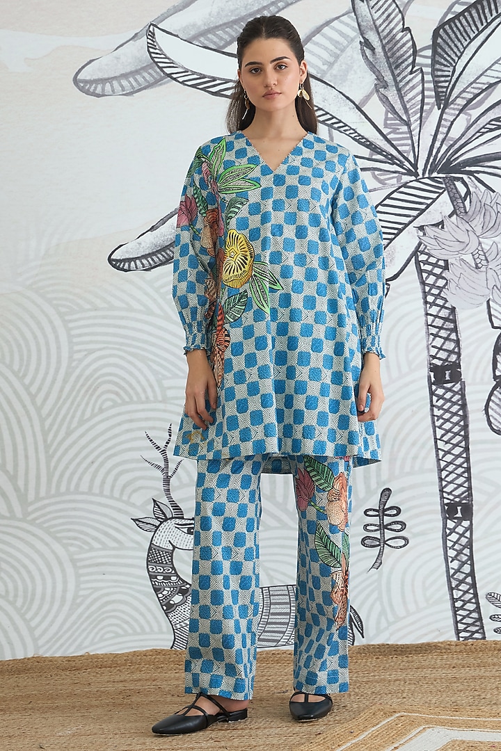 Blue Cotton Floral Digital Printed Co-Ord Set by shivani bhargava at Pernia's Pop Up Shop
