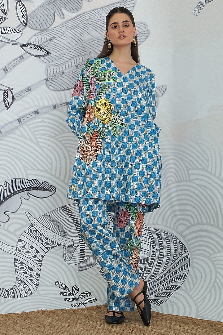 Blue Cotton Floral Digital Printed Co-Ord Set by shivani bhargava at Pernia's Pop Up Shop