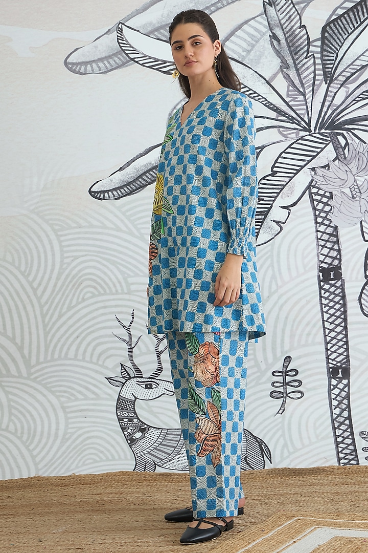 Blue Cotton Floral Digital Printed Co-Ord Set by shivani bhargava at Pernia's Pop Up Shop