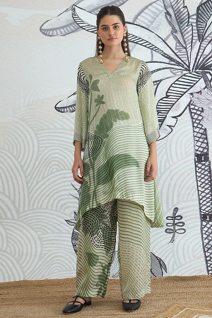 Green Silk Satin Digital Printed Co-Ord Set by shivani bhargava at Pernia's Pop Up Shop