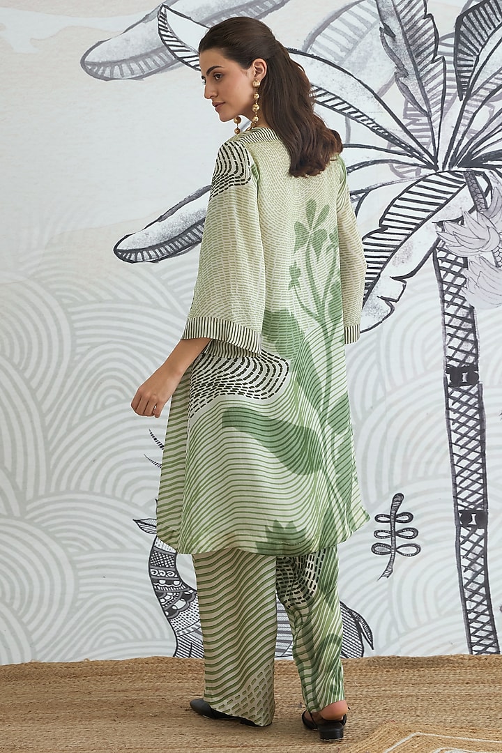 Green Silk Satin Digital Printed Co-Ord Set by shivani bhargava at Pernia's Pop Up Shop