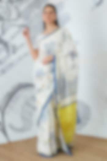 Ivory Handloom Linen Floral Digital Printed Party Wear Saree Set by shivani bhargava at Pernia's Pop Up Shop