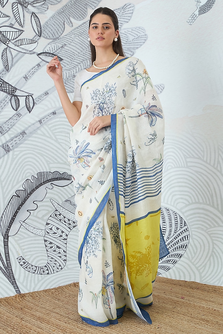 Ivory Handloom Linen Floral Digital Printed Party Wear Saree Set by shivani bhargava at Pernia's Pop Up Shop