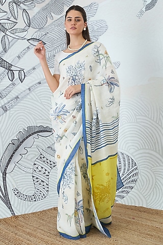 Ivory Handloom Linen Floral Digital Printed Saree Set by shivani bhargava