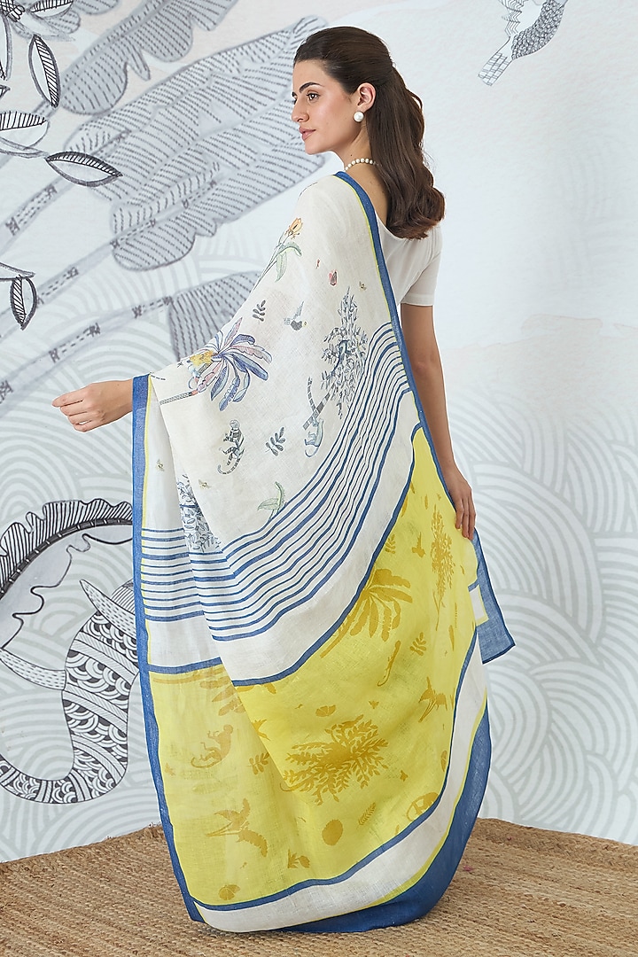 Ivory Handloom Linen Floral Digital Printed Party Wear Saree Set by shivani bhargava at Pernia's Pop Up Shop