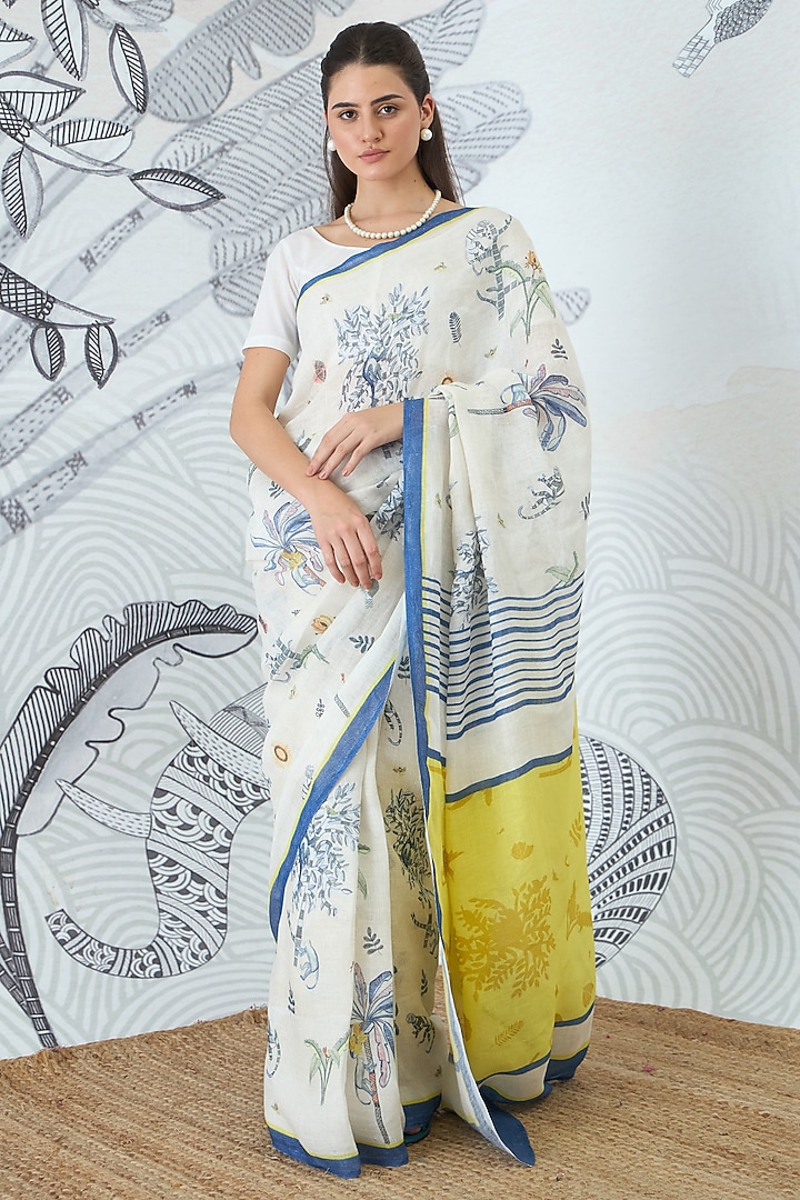 Ivory Handloom Linen Floral Digital Printed Party Wear Saree Set by shivani bhargava at Pernia's Pop Up Shop