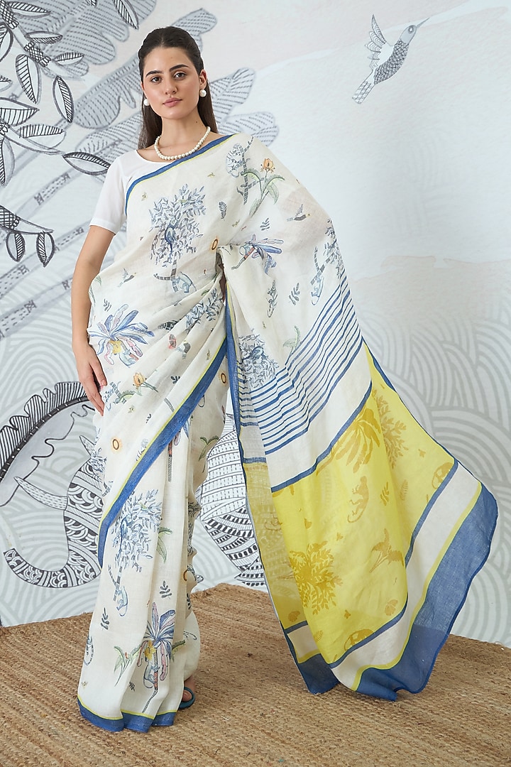 Ivory Handloom Linen Floral Digital Printed Party Wear Saree Set by shivani bhargava at Pernia's Pop Up Shop