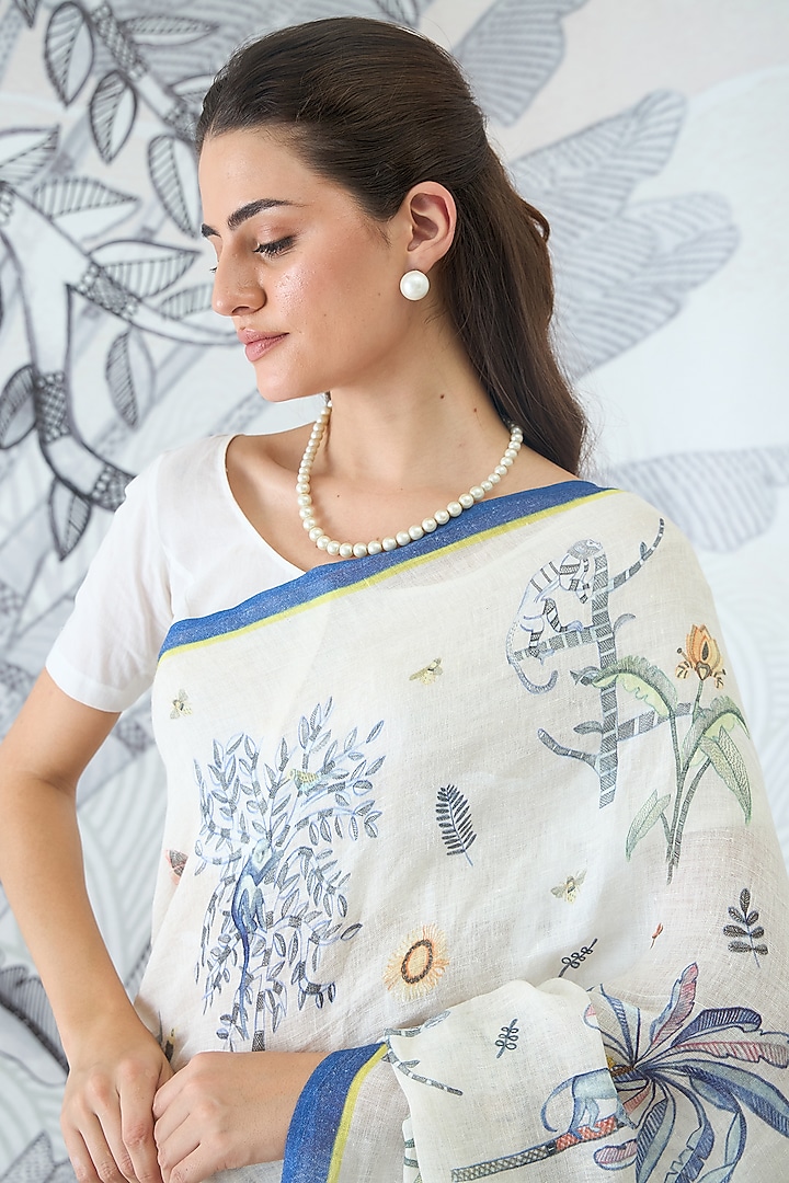 Ivory Handloom Linen Floral Digital Printed Party Wear Saree Set by shivani bhargava at Pernia's Pop Up Shop
