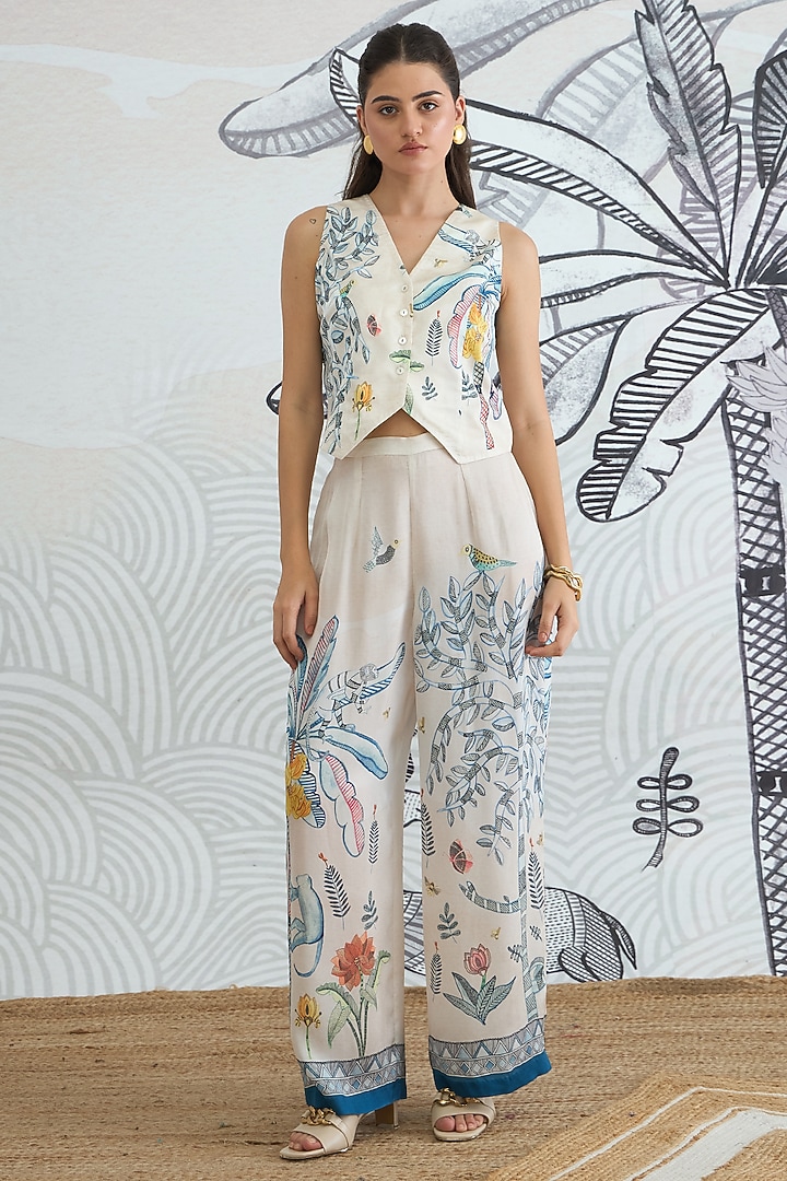 Ivory Silk Satin Digital Printed Co-Ord Set by shivani bhargava at Pernia's Pop Up Shop