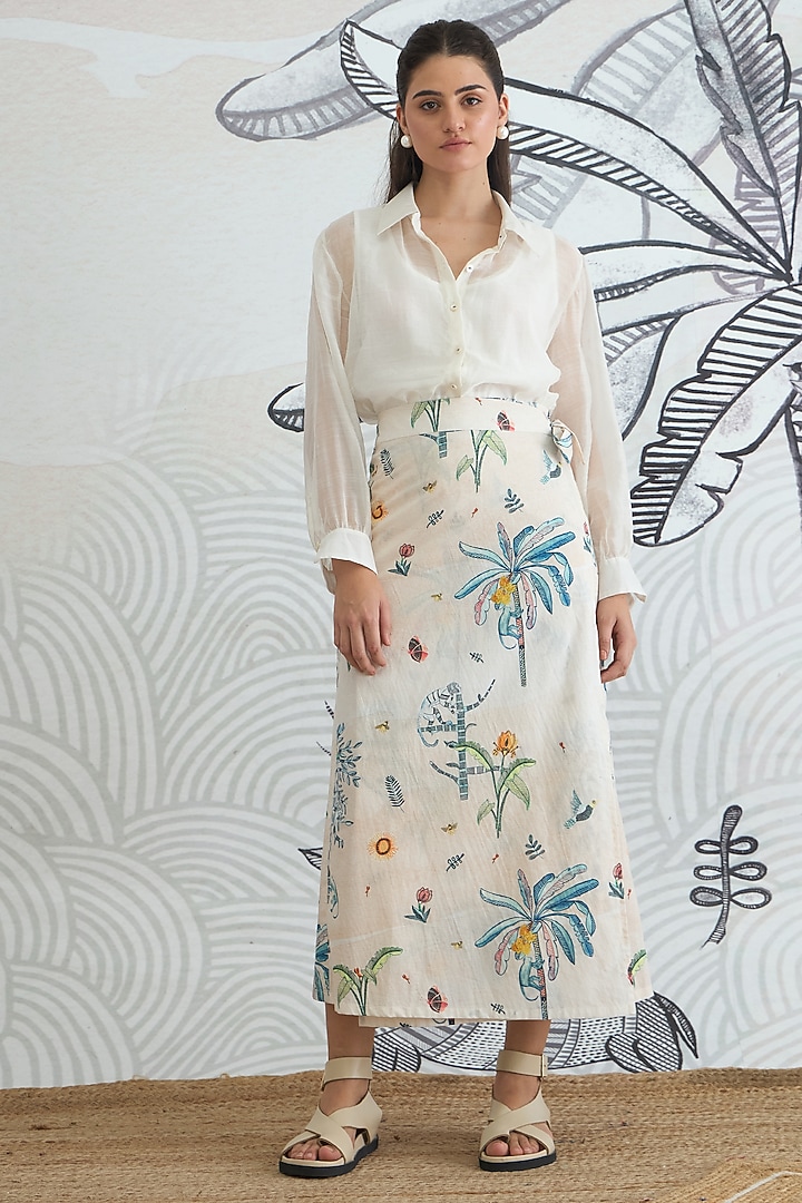 Ivory Cotton Digital Printed Wrap Skirt Set by shivani bhargava at Pernia's Pop Up Shop