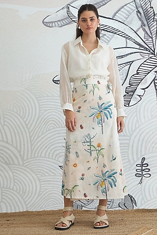 Ivory Cotton Digital Printed Wrap Skirt Set by shivani bhargava