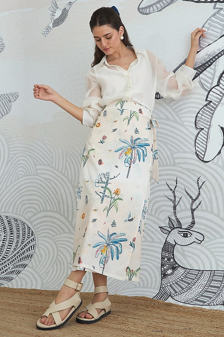 Ivory Cotton Digital Printed Wrap Skirt Set by shivani bhargava at Pernia's Pop Up Shop