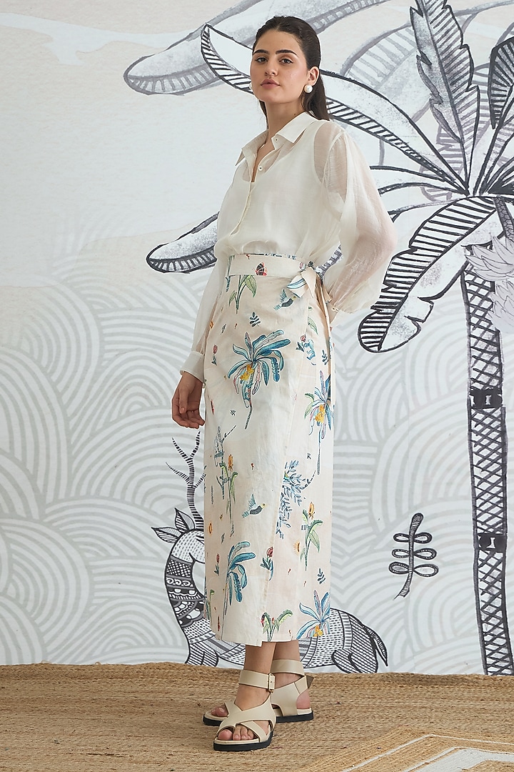 Ivory Cotton Digital Printed Wrap Skirt Set by shivani bhargava at Pernia's Pop Up Shop