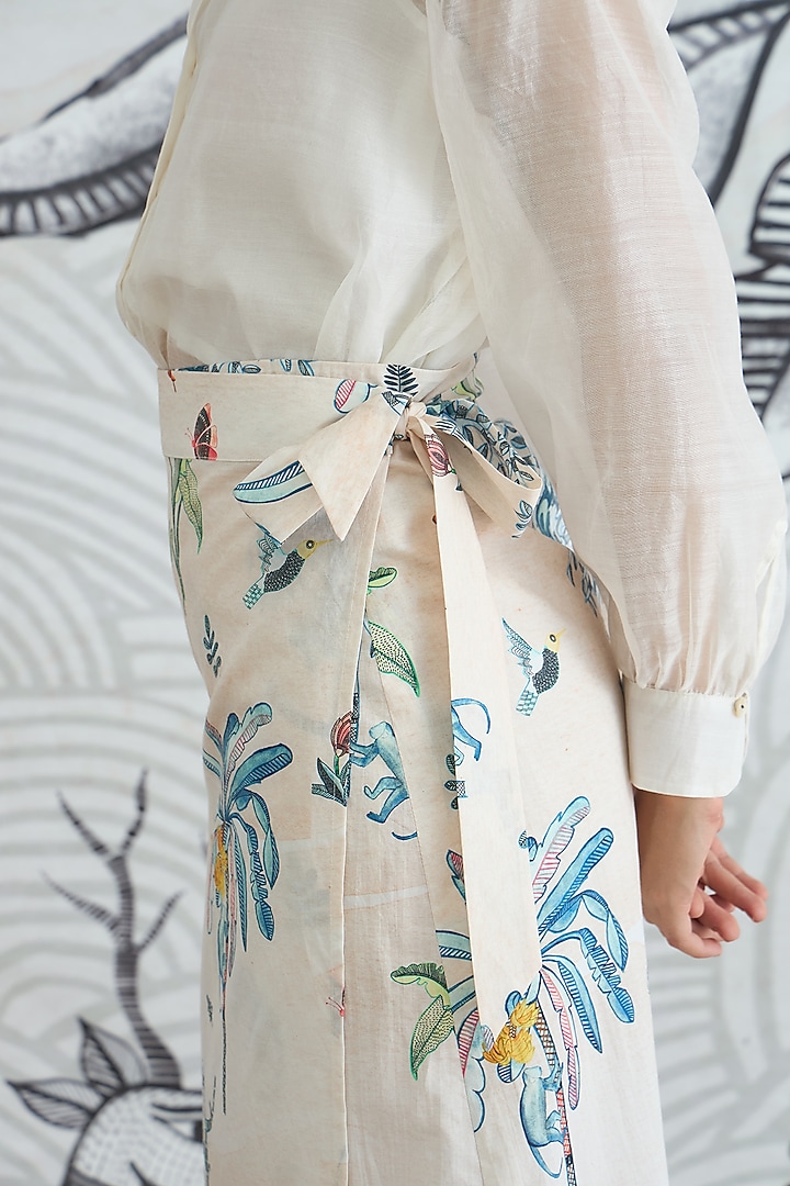 Ivory Cotton Digital Printed Wrap Skirt Set by shivani bhargava at Pernia's Pop Up Shop