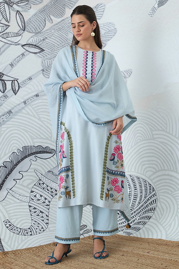 Powder Blue Chanderi Embroidered Kurta Set by shivani bhargava at Pernia's Pop Up Shop
