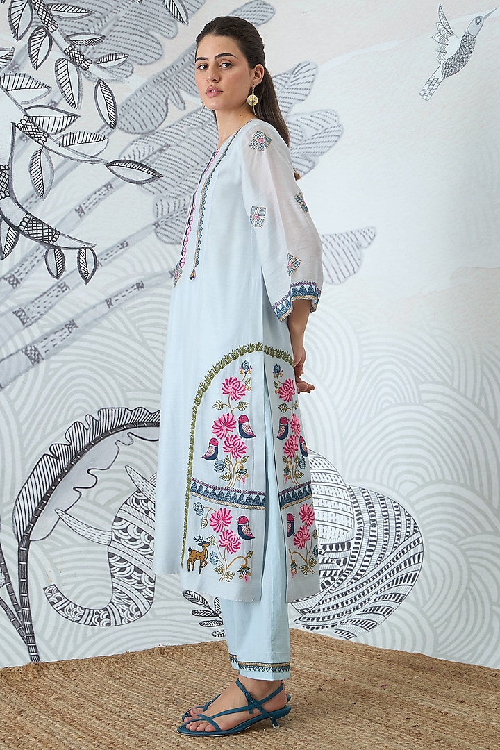 Powder Blue Chanderi Embroidered Kurta Set by shivani bhargava at Pernia's Pop Up Shop