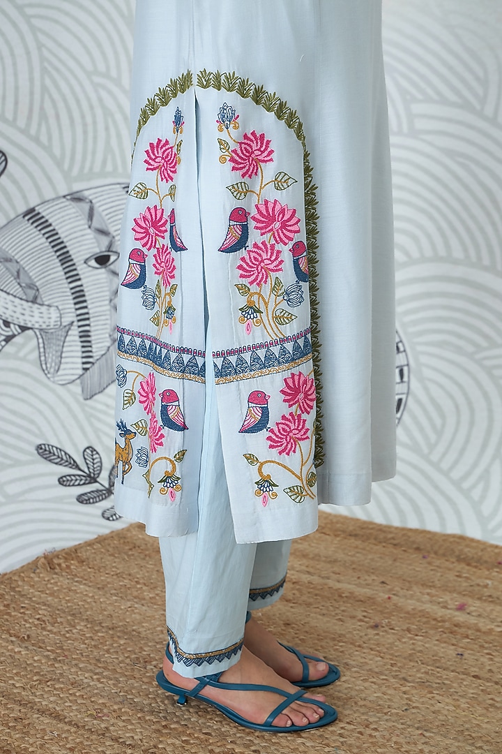 Powder Blue Chanderi Embroidered Kurta Set by shivani bhargava at Pernia's Pop Up Shop