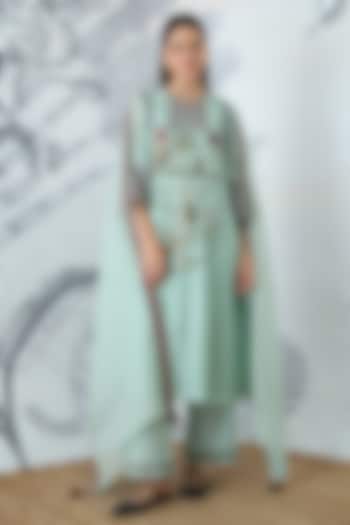 Sage Green Chanderi Embroidered Kurta Set by shivani bhargava at Pernia's Pop Up Shop