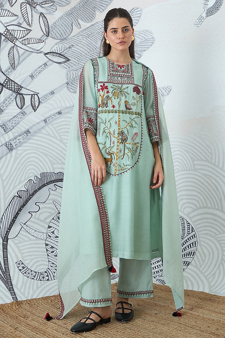 Sage Green Chanderi Embroidered Kurta Set by shivani bhargava at Pernia's Pop Up Shop