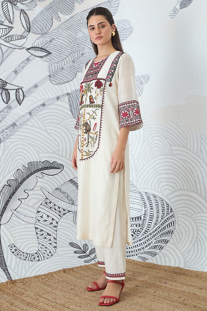 Ivory Chanderi Embroidered Kurta Set by shivani bhargava at Pernia's Pop Up Shop
