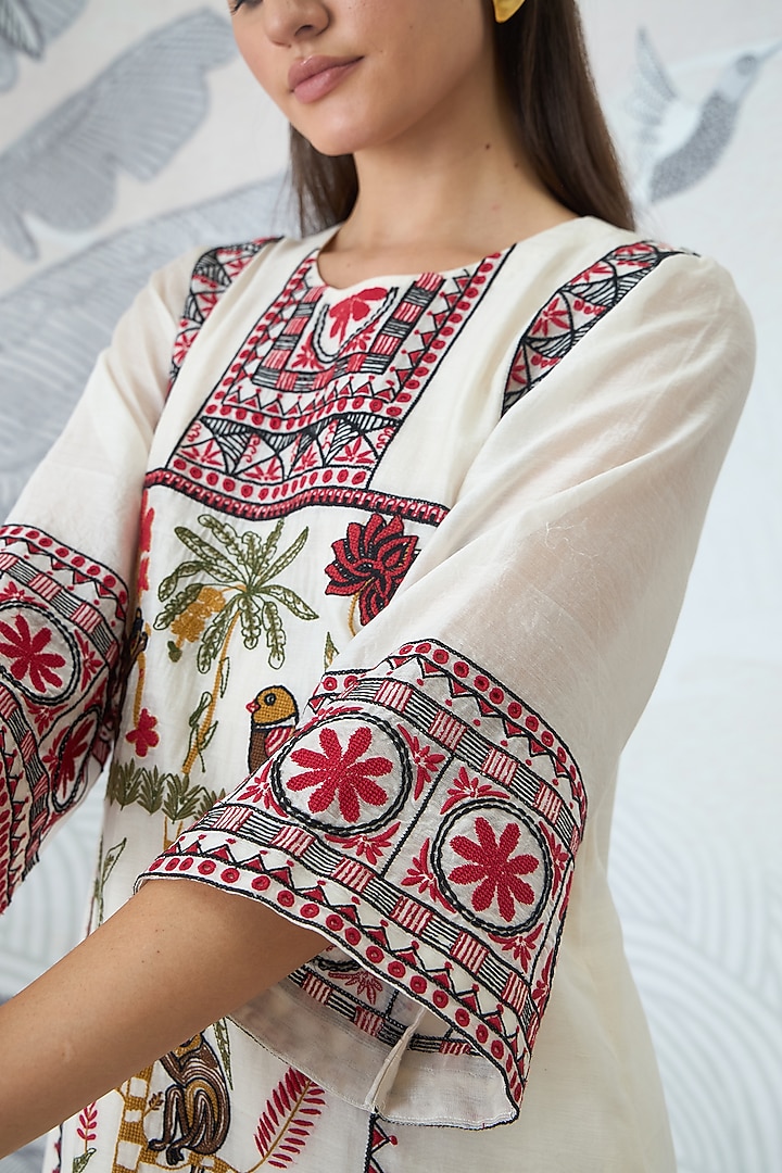 Ivory Chanderi Embroidered Kurta Set by shivani bhargava at Pernia's Pop Up Shop