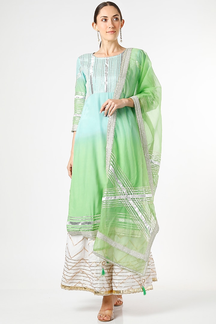 Mint & Leaf Green Ombre Embroidered Kurta Set by Aarnya by Richa