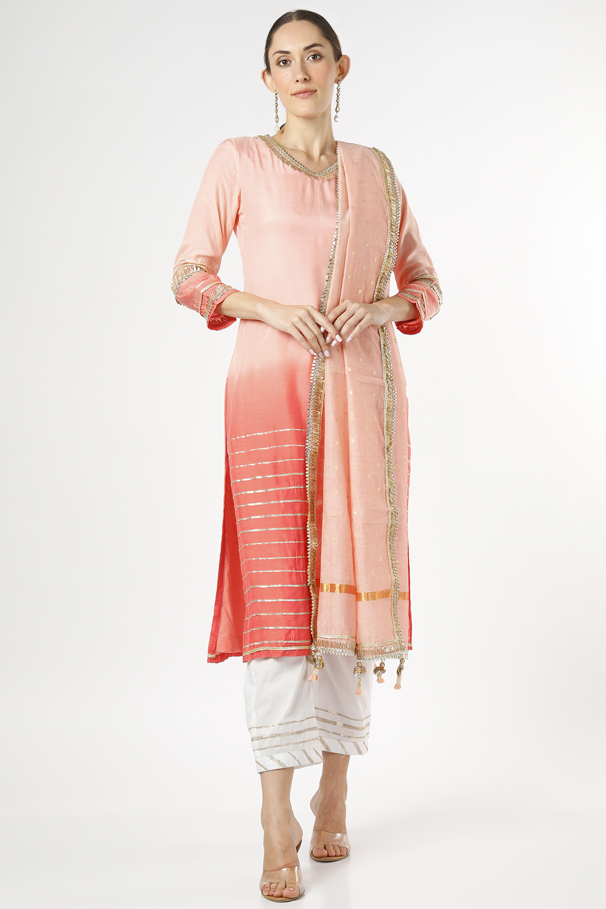 Peach Embroidered Shaded Kurta Set by Aarnya by Richa at Pernia's Pop Up Shop