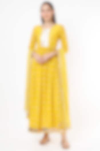 Golden Yellow Printed & Embroidered Anarkali Set by Aarnya by Richa