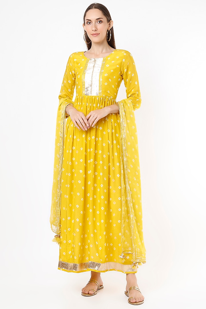 Golden Yellow Printed & Embroidered Anarkali Set by Aarnya by Richa