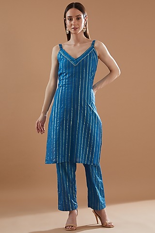 Cobalt Blue Cotton Lurex Embroidered Kurta Set by Aarnya by Richa