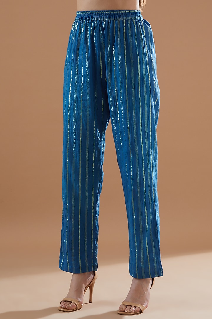 Cobalt Blue Cotton Lurex Embroidered Kurta Set by Aarnya by Richa at Pernia's Pop Up Shop