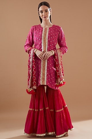 Red Muslin Sharara Set by Aarnya by Richa