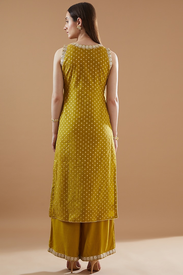 Mustard Chanderi Embroidered Kurta Set by Aarnya by Richa at Pernia's Pop Up Shop