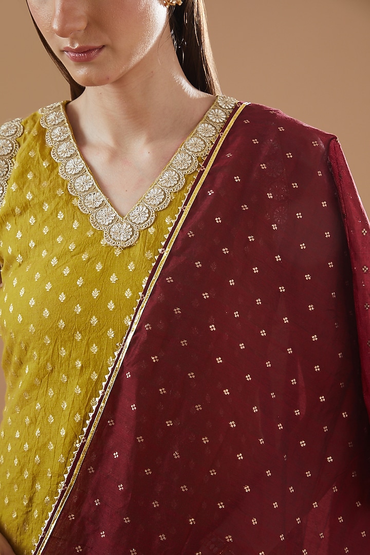 Mustard Chanderi Embroidered Kurta Set by Aarnya by Richa at Pernia's Pop Up Shop