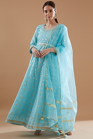 Firozi Chanderi Embroidered Anarkali Set by Aarnya by Richa